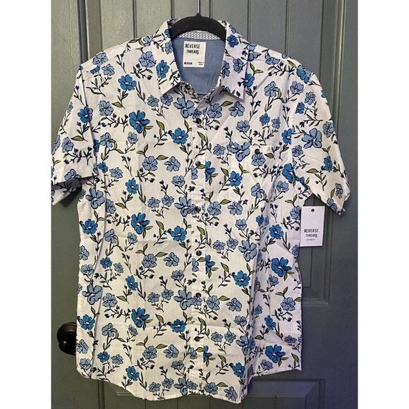 Reverse Threads Shirt Size Medium Blue White Floral Short Sleeve Button Mens - Picture 1 of 10